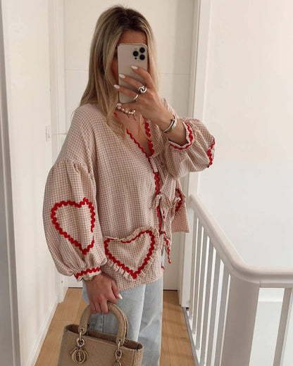 Madelon - Vintage Hart Patroon Losse Blouse